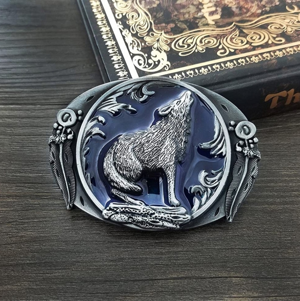 New Native American wolf and feathers belt buckle